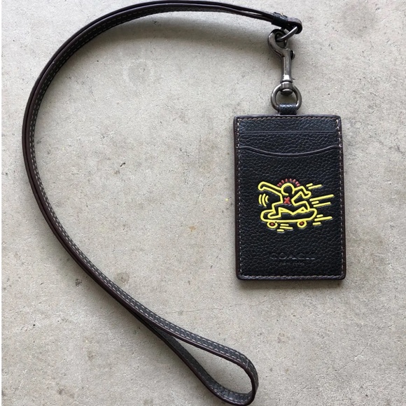 Coach X Keith Haring LEATHER SKATEBOARD LANYARD ID HOLDER CASE BLACK NO TAG - Picture 4 of 6